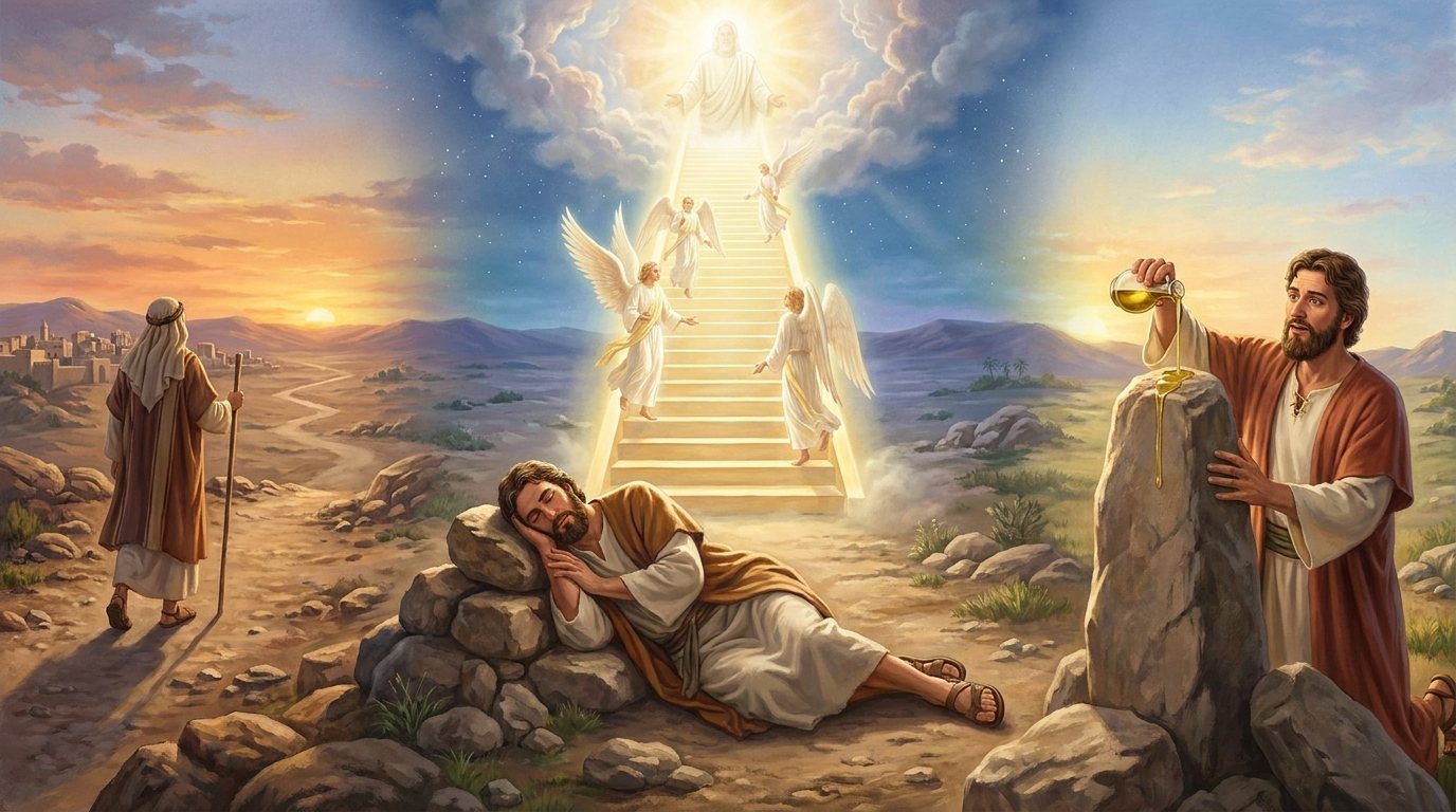 King James Version, image 2: stairs, god at top, heap of stones. A pile of stones for a pillow. Jacob also appears leaving Beersheba.