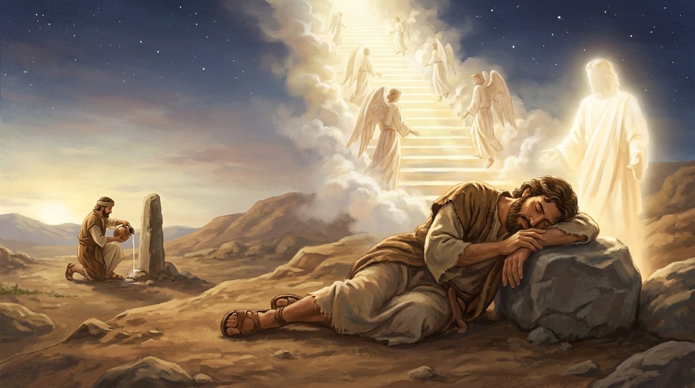 NJPS Tanakh, image 2: stairs, god beside, one stone. A glowing figure stands just behind the sleeper.