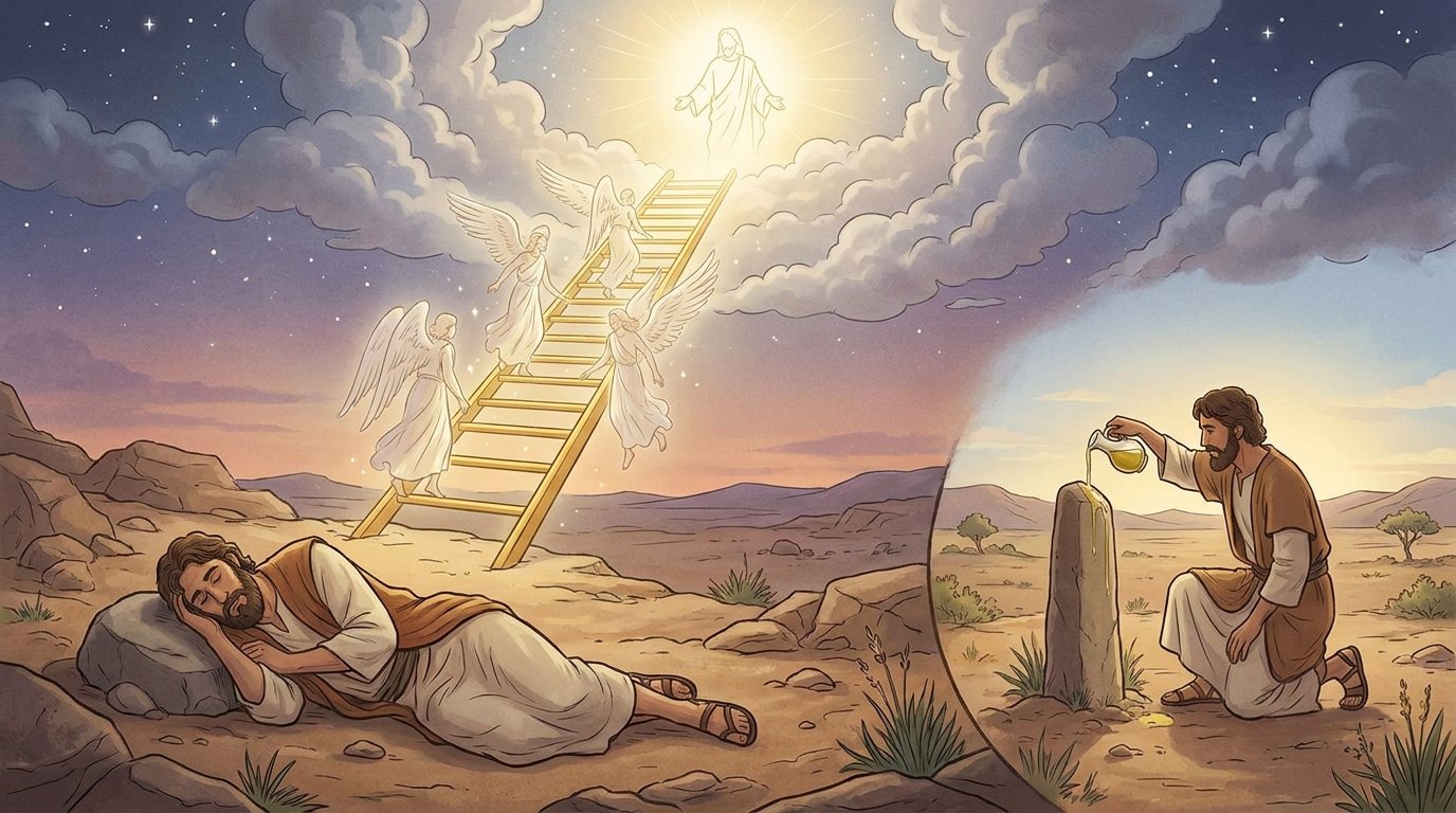 Everett Fox, The Five Books of Moses, image 2: ladder, god at top, one stone. The morning anointing is shown in an inset.
