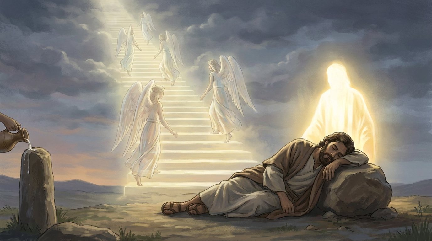 The Contemporary Torah, image 2: stairs, god beside, one stone. A glowing figure behind the sleeper.