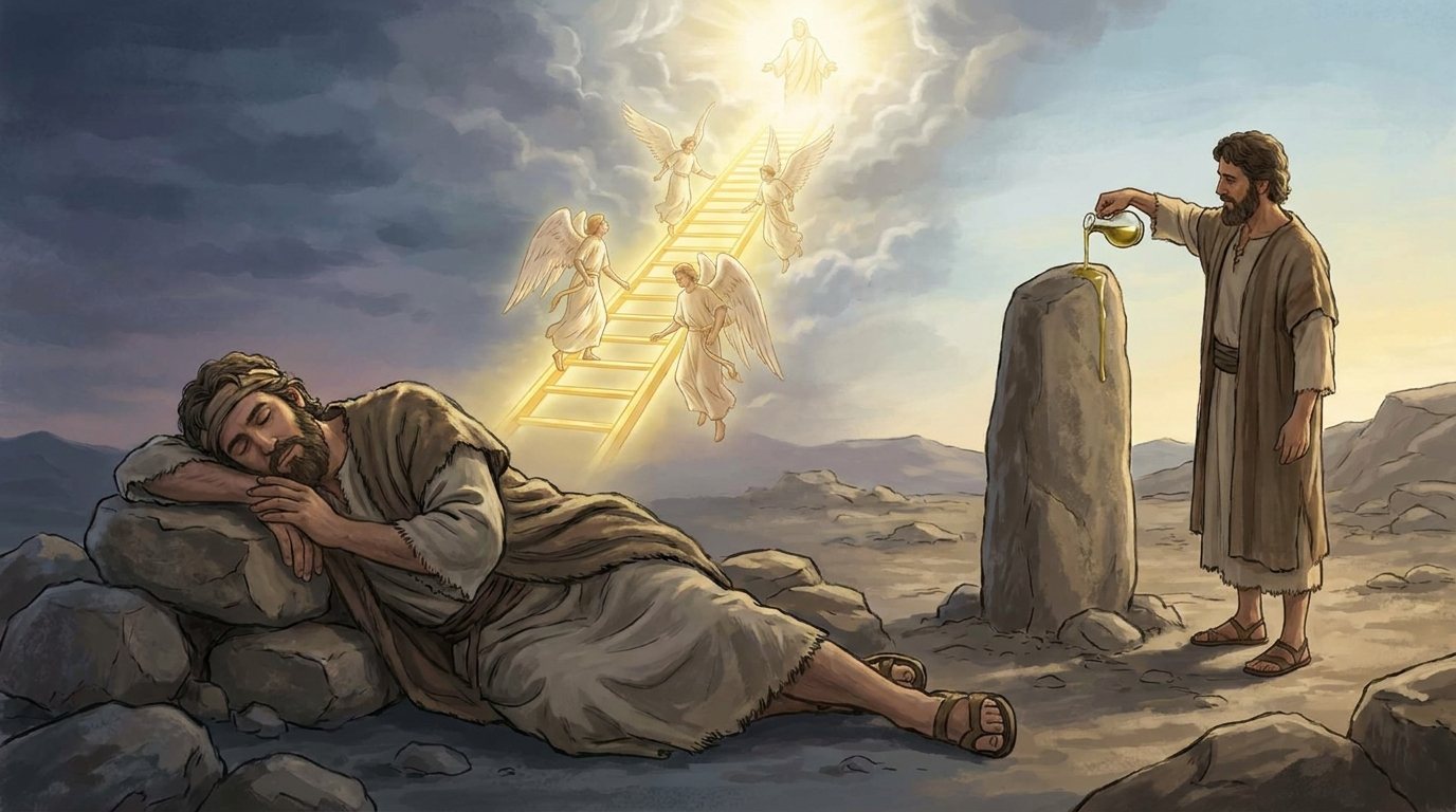 Young’s Literal Translation, image 2: ladder, god at top, heap of stones.
