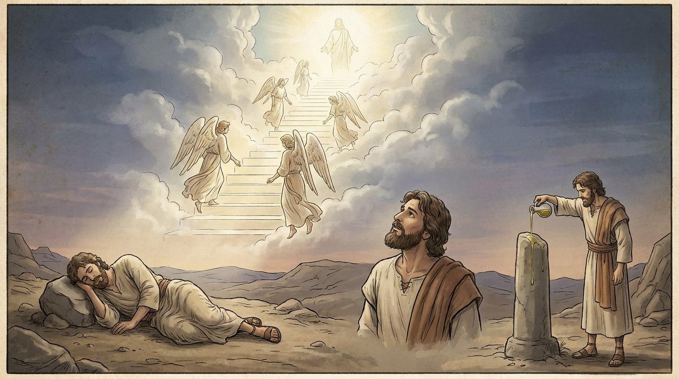 Bible in Basic English, image 2: stairs, god at top, one stone. Jacob appears three times.