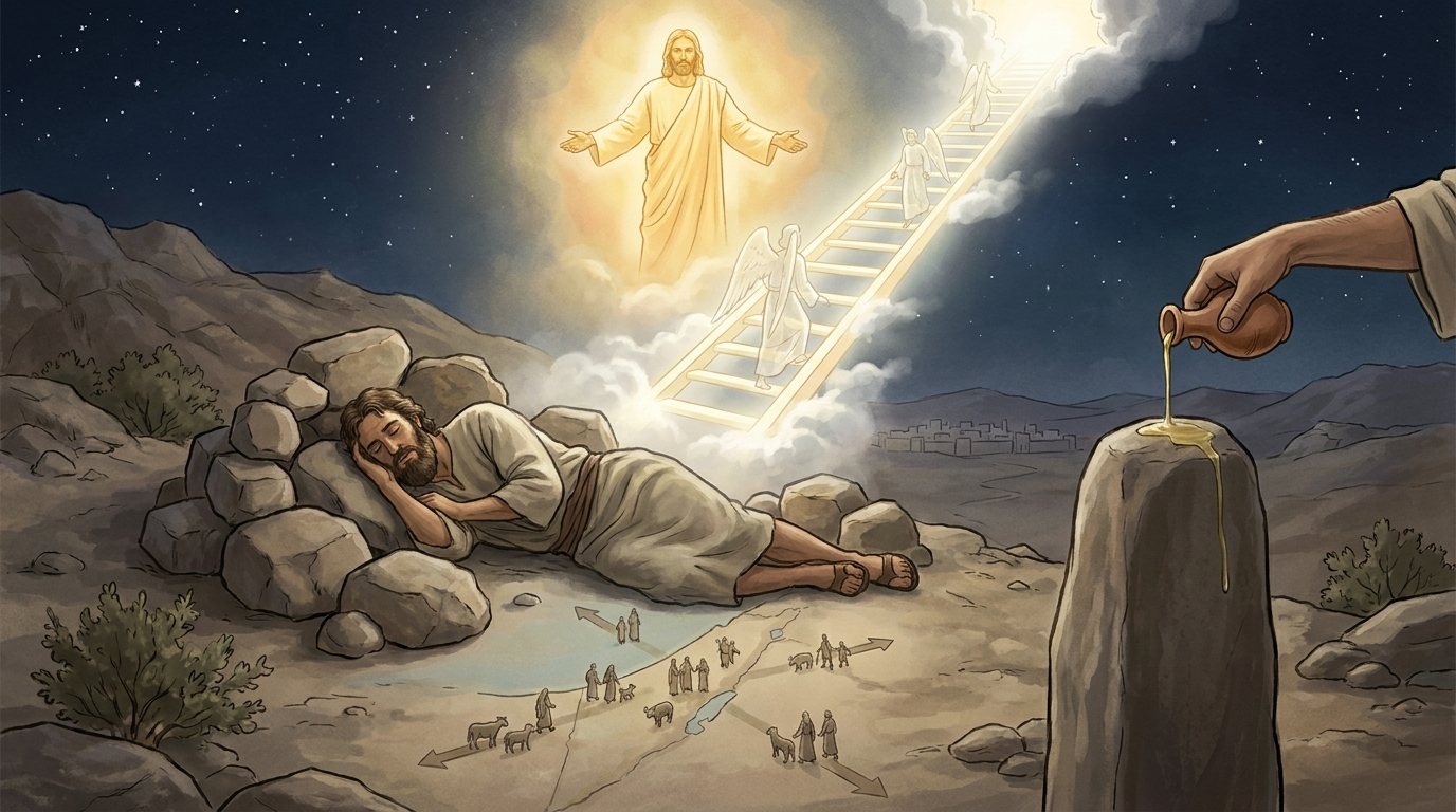 Kehot Chumash (Chabad), image 2: ladder, god at top, wall of stones. A map on the ground: people and flocks spread out in four directions.