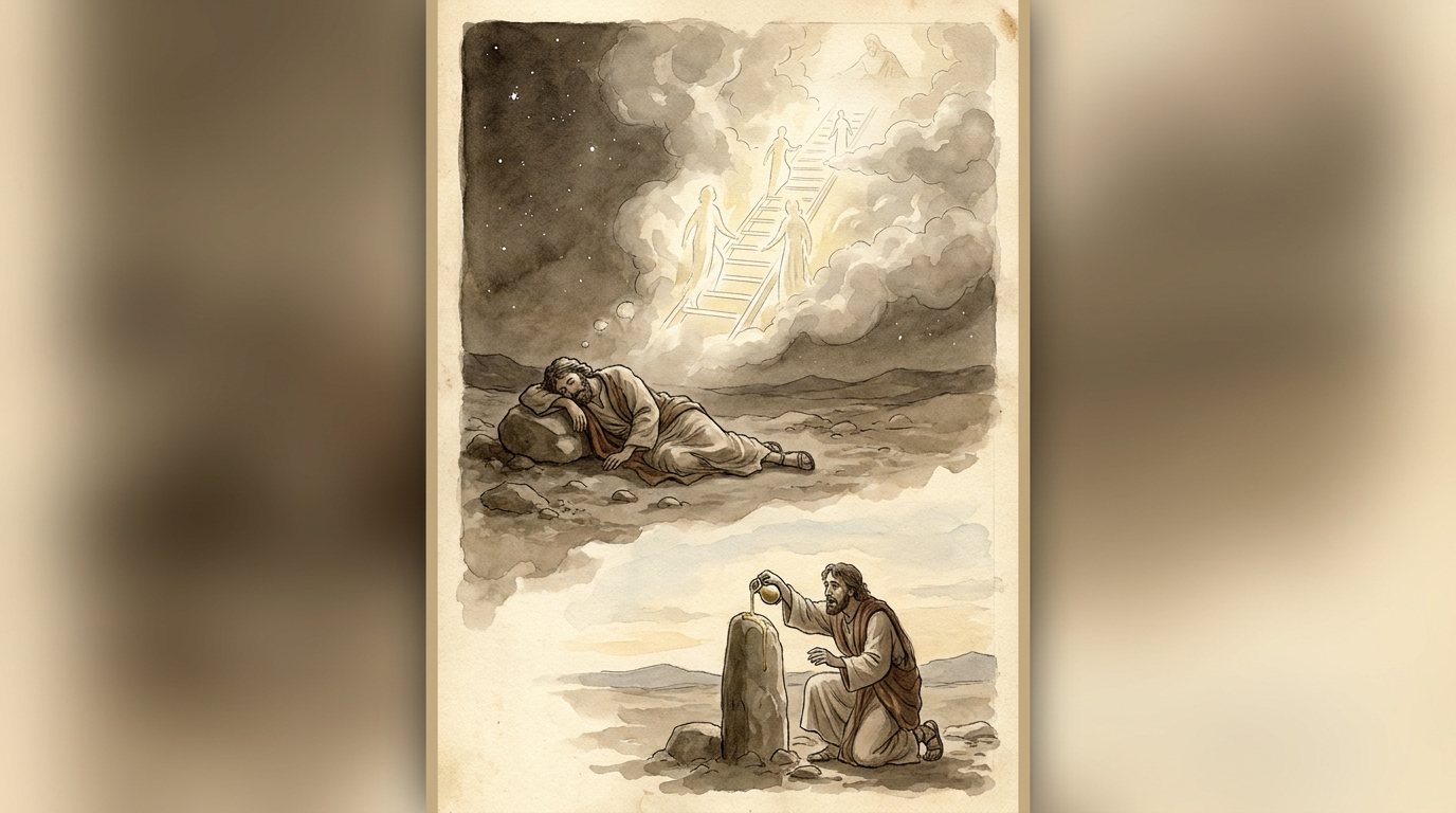 Torah Yesharah (Charles Kahane), image 2: ladder, god at top, one stone. Wingless figures climb a ladder in a dream bubble. The image came back as a narrow page padded with blur.