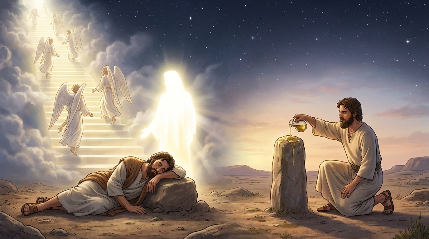 Revised JPS (The JPS Tanakh: Gender-Sensitive Edition), image 2: stairs, god beside, one stone. A glowing figure beside the sleeper.