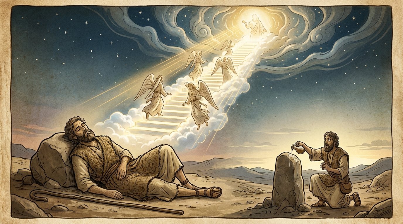 Robert Alter, The Hebrew Bible, image 2: stairs, god at top, one stone. Stairs again, with God at the top: “poised over him” read as over the ramp.