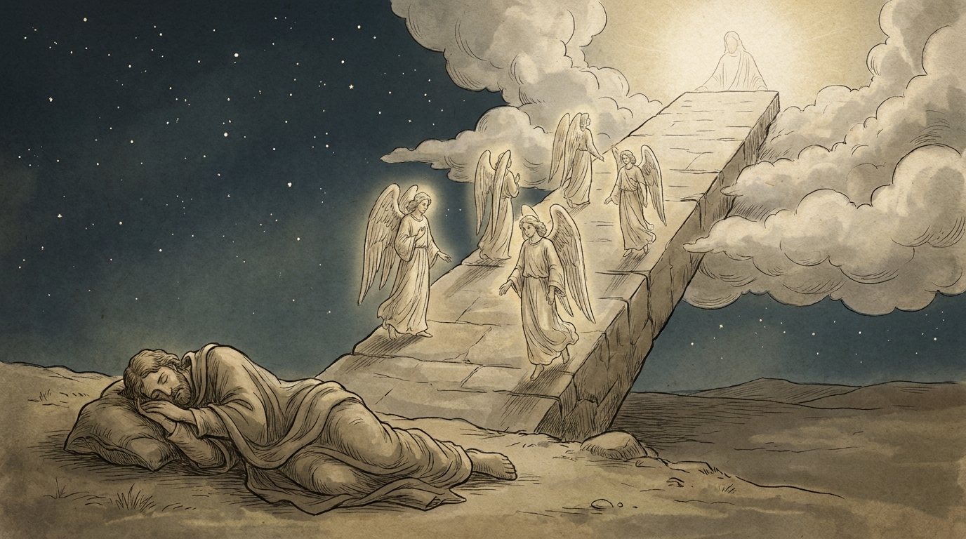 Robert Alter: ramp, god at top. A true ramp: a long stone causeway into the clouds, with angels walking it and God seated at the top. It is the only ramp in forty-eight translation images.