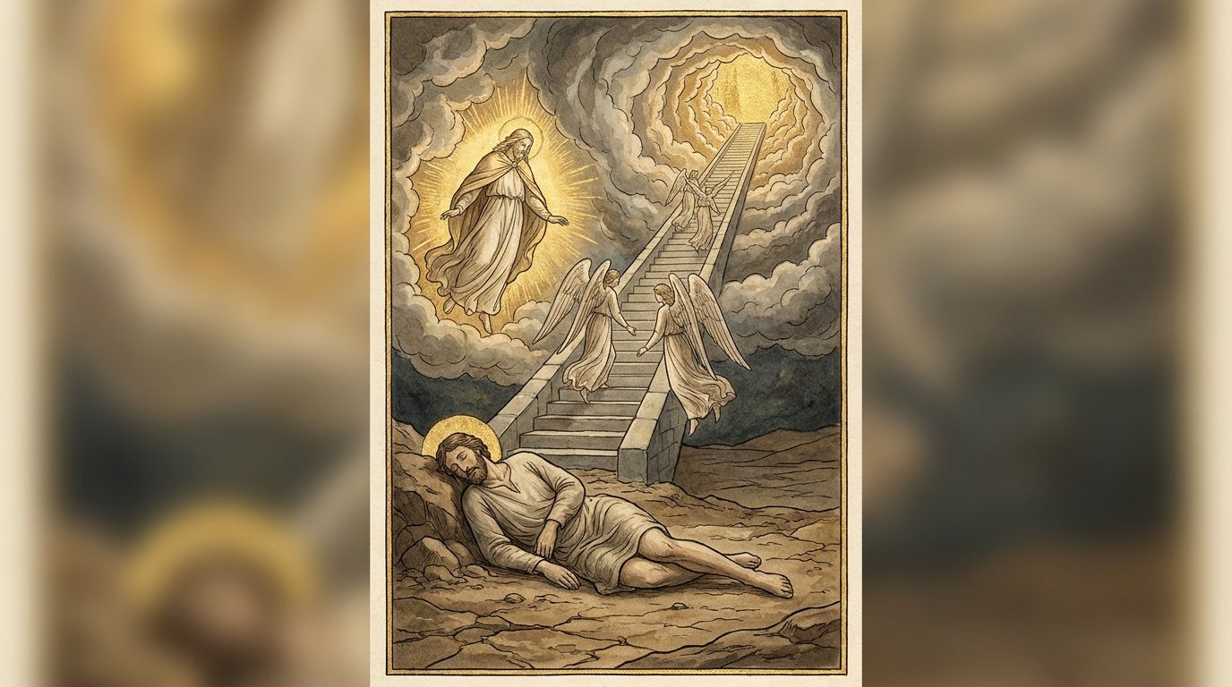 Robert Alter: stairs, god over jacob. Stairs again, with God hovering in the air above the sleeper: the other reading of “poised over him.” Came back as a narrow page padded with blur.