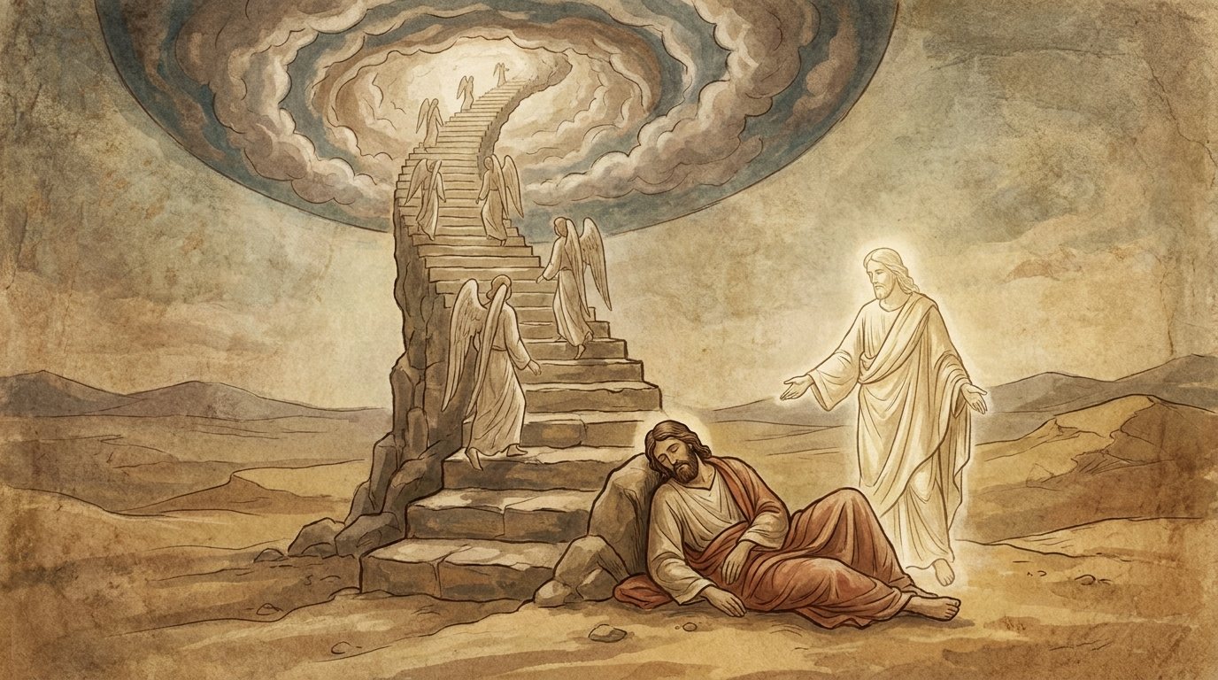 Bible in Basic English: stairs, god beside. “By his side” works now. In round one, both images put God at the top.