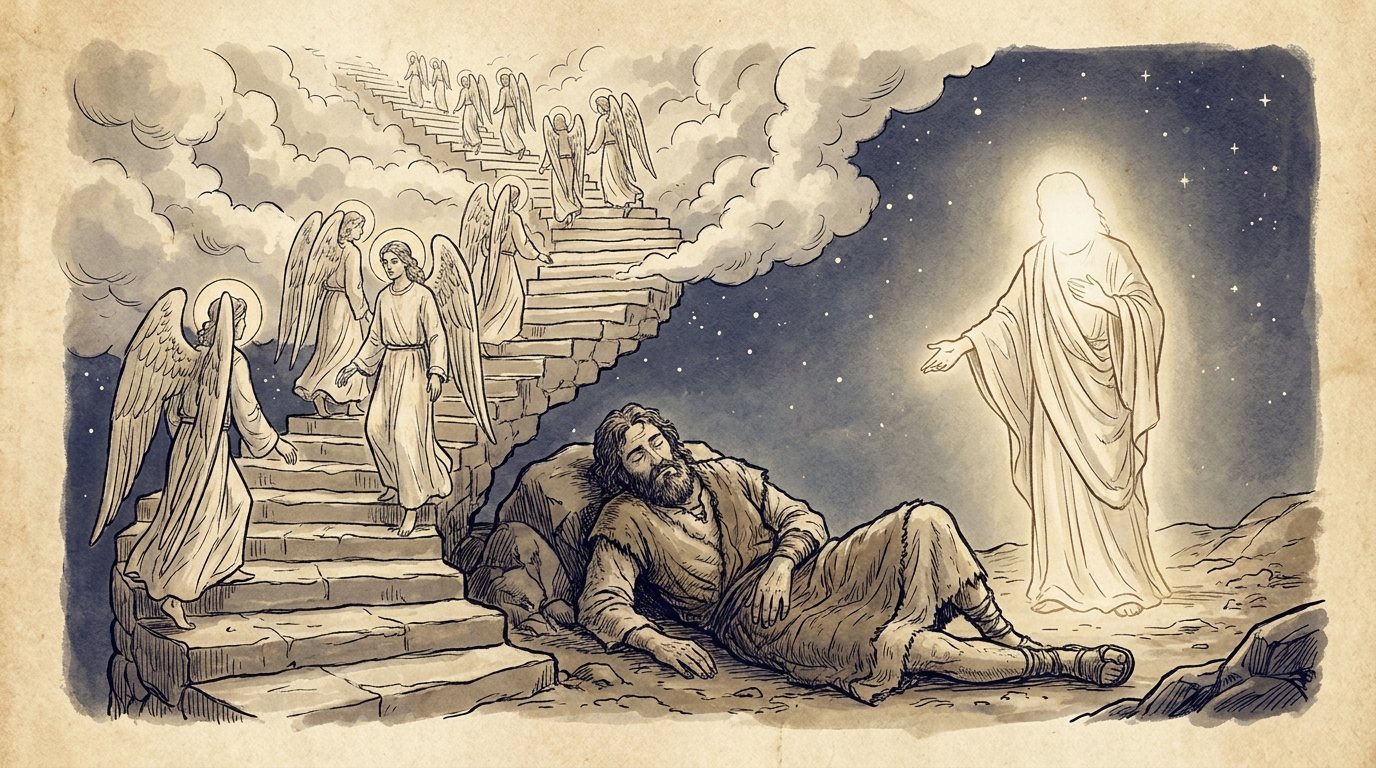 The Contemporary Torah: stairs, god beside. A stone stairway. The “messengers” still have wings.