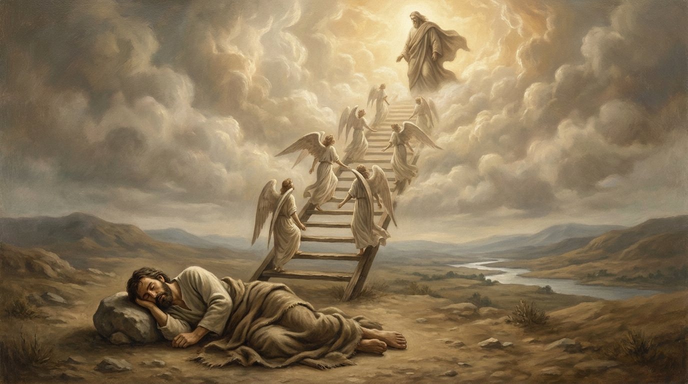 Everett Fox: ladder, god at top. “Over against him” is old English for “facing him,” but the model put God at the top of the ladder again.