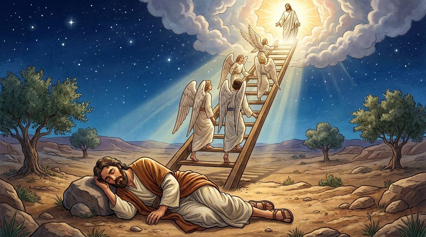 Hebrew (Masoretic text): ladder, god at top. A wooden ladder; God stands in a halo of light at the top.