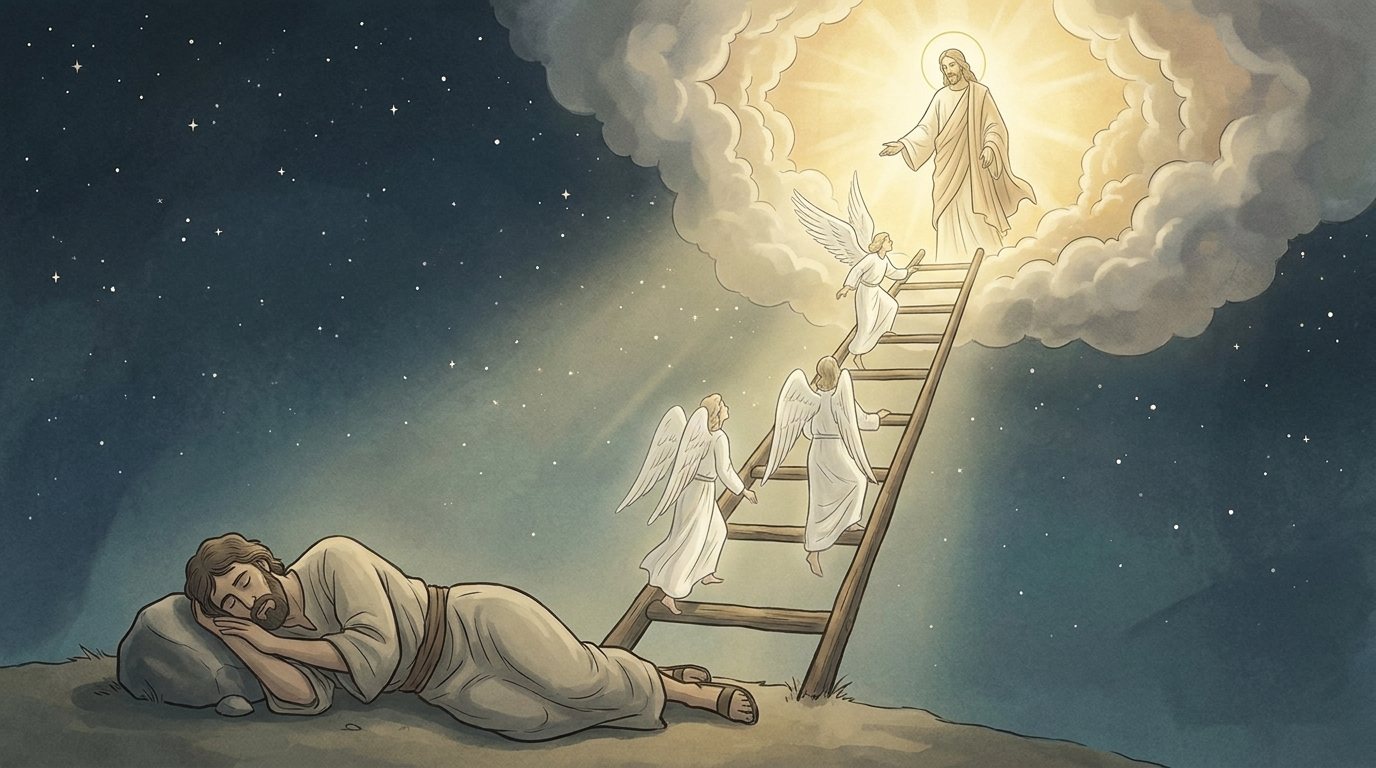 Hebrew (Masoretic text): ladder, god at top.