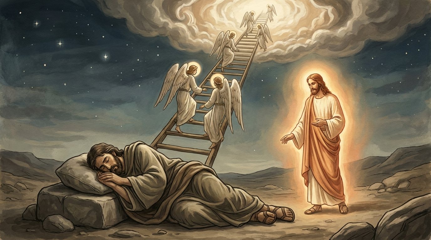 JPS 1917: ladder, god beside. In round one, one of the two images put God at the top. Here both put God beside Jacob.
