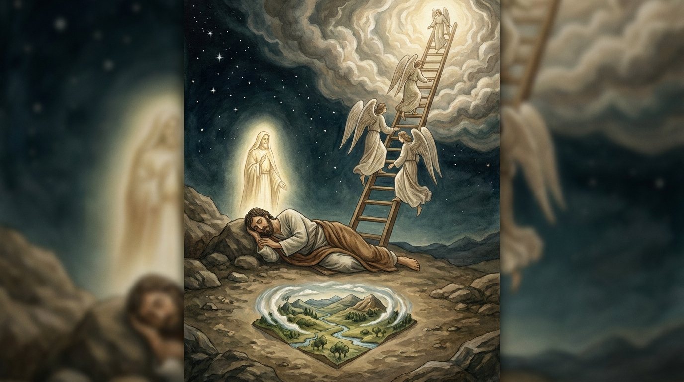 Kehot Chumash: ladder, god beside. A small landscape sits in a ring in the ground: the whole Land, folded small. Came back as a narrow page padded with blur.