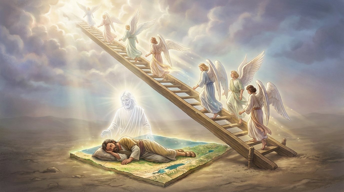 Kehot Chumash: ladder, god beside. Jacob sleeps on a slab of land cut out like a map, with a glowing figure behind him.