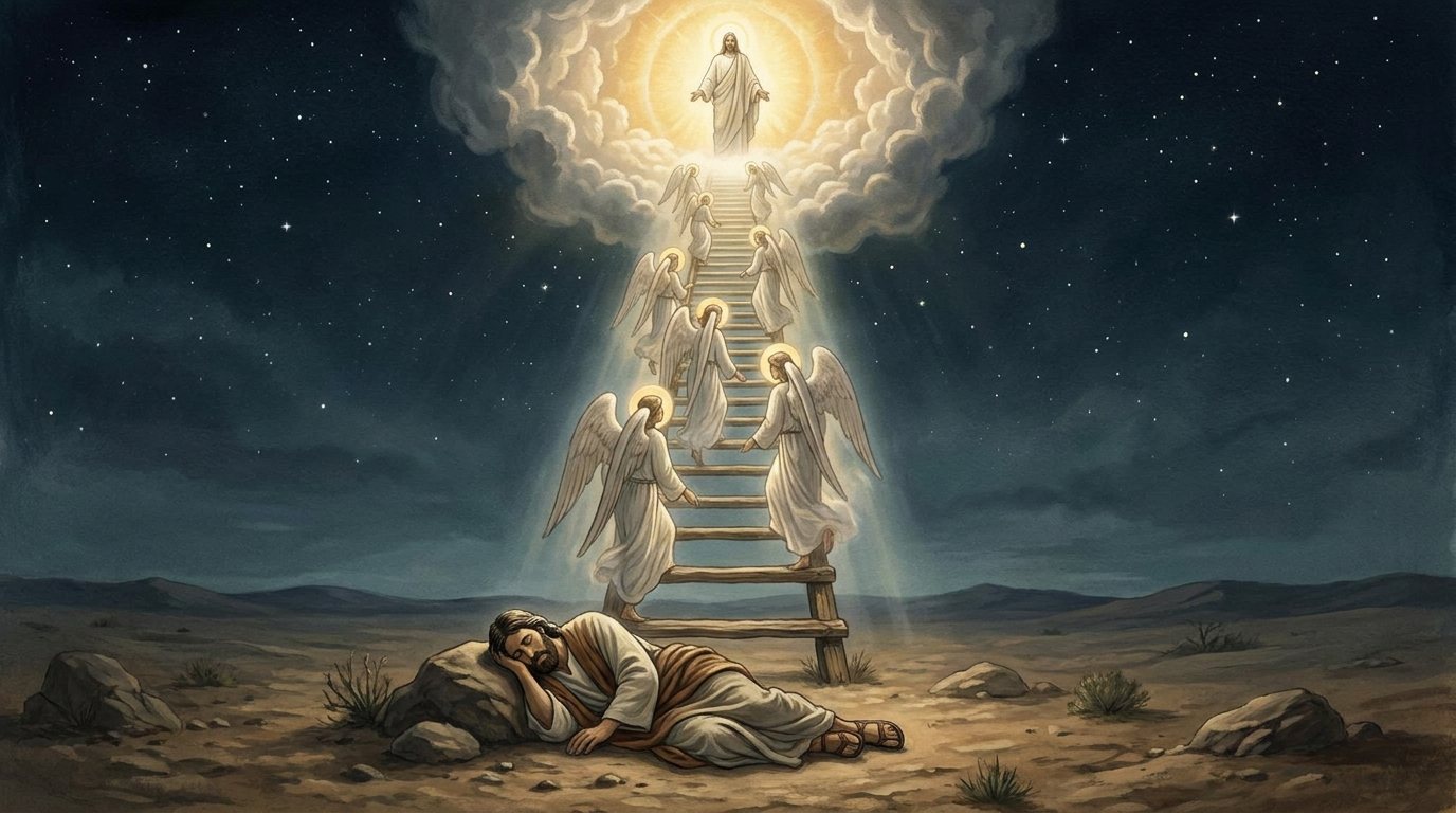 King James Version: ladder, god at top.