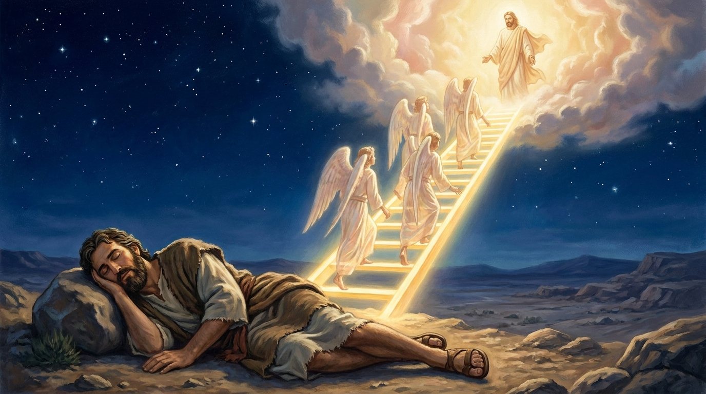 King James Version: ladder, god at top. A ladder of gold light.
