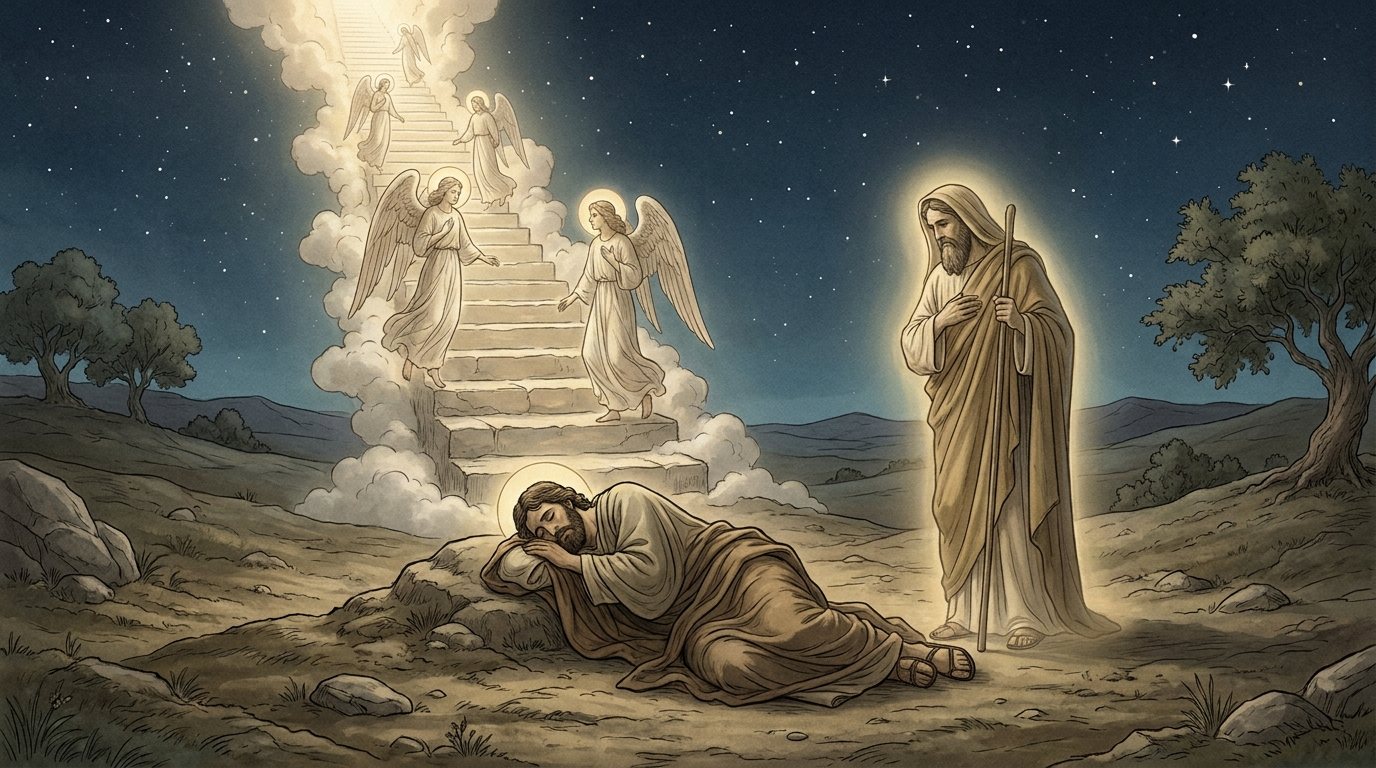 NJPS Tanakh: stairs, god beside. God carries a shepherd’s staff.