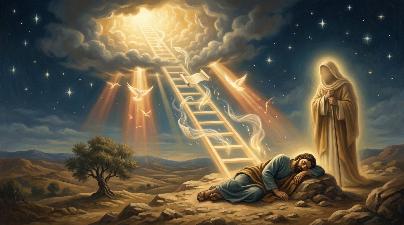 Torah Yesharah: ladder, god beside, no angels. Doves, a scroll, and ribbons of light rise along the ladder where the angels would be. God is a hooded, faceless figure standing guard.