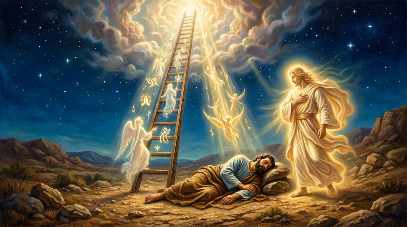 Torah Yesharah: ladder, god beside. Small glowing symbols float up the ladder among a few angels.