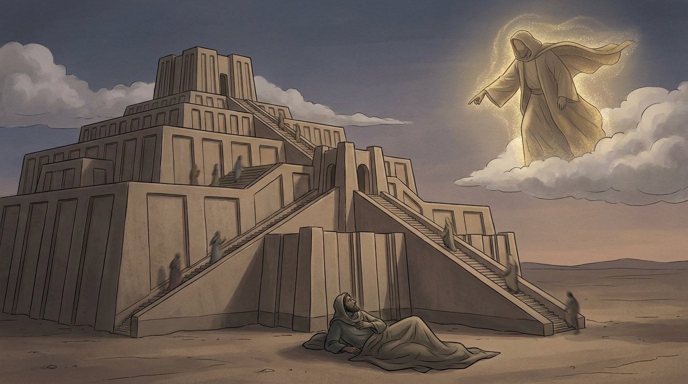 Plus Alter’s reading of the ramp: ziggurat, wingless climbers. A terraced ziggurat with stairways. The messengers shrink to small, shadowy figures without wings, and God is a hooded figure in the sky.