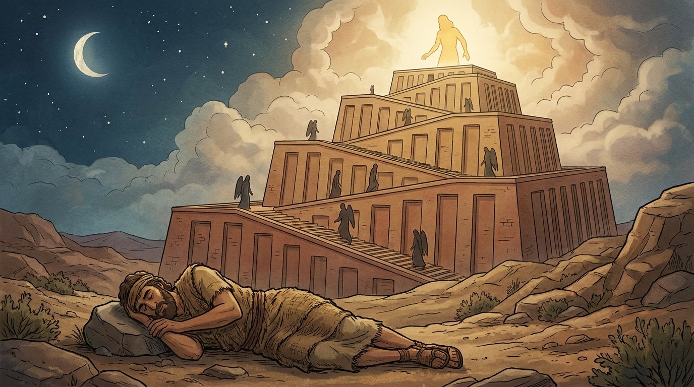 Plus Alter’s reading of the ramp: ziggurat, god on top. Brick terraces with dark figures climbing and God standing on the summit: “on it,” the other half of Alter’s note on “poised over him.”