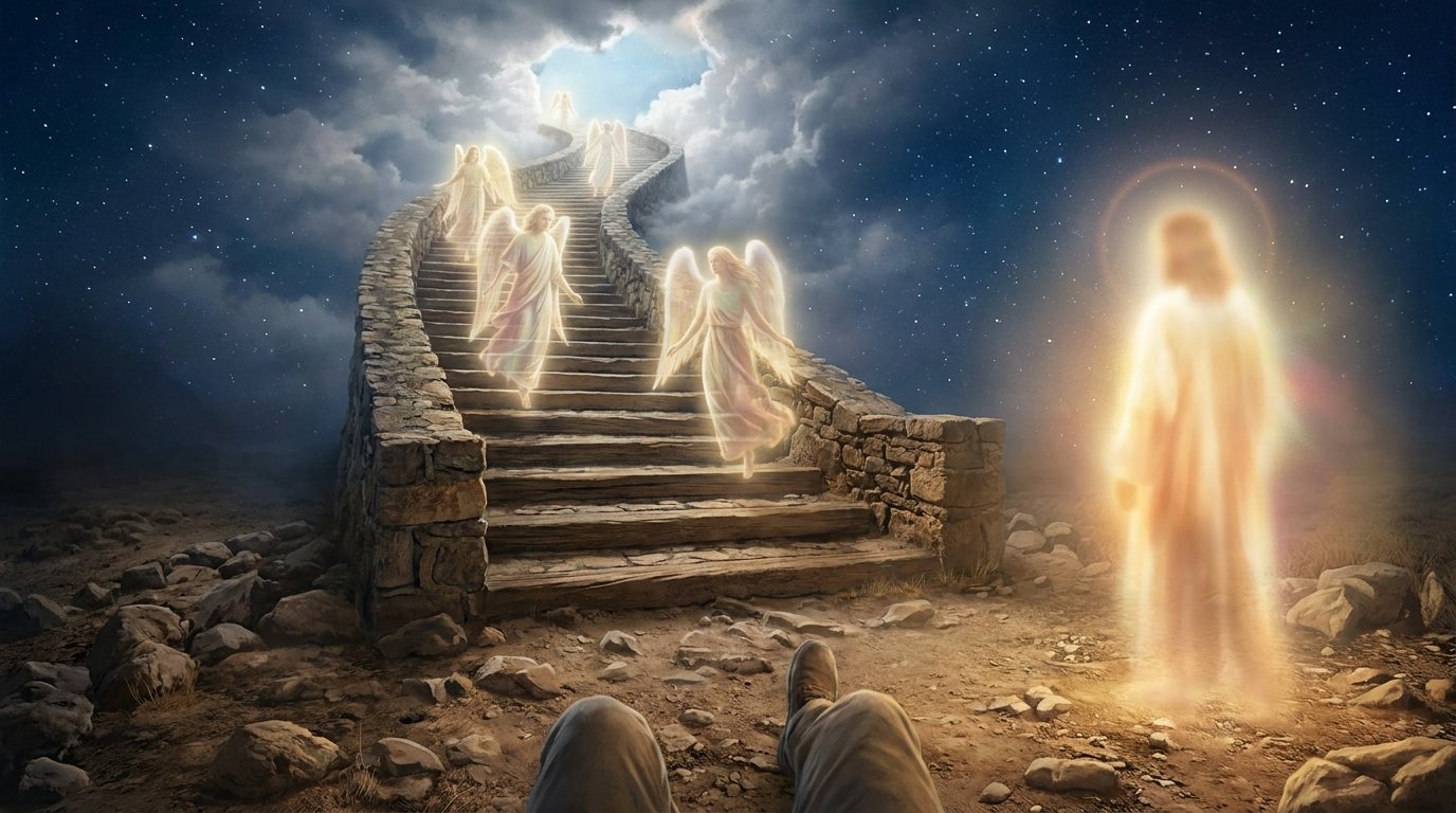 Through Jacob’s eyes: point of view, god beside. Jacob’s own legs in the foreground, a stone stairway, and a glowing figure.