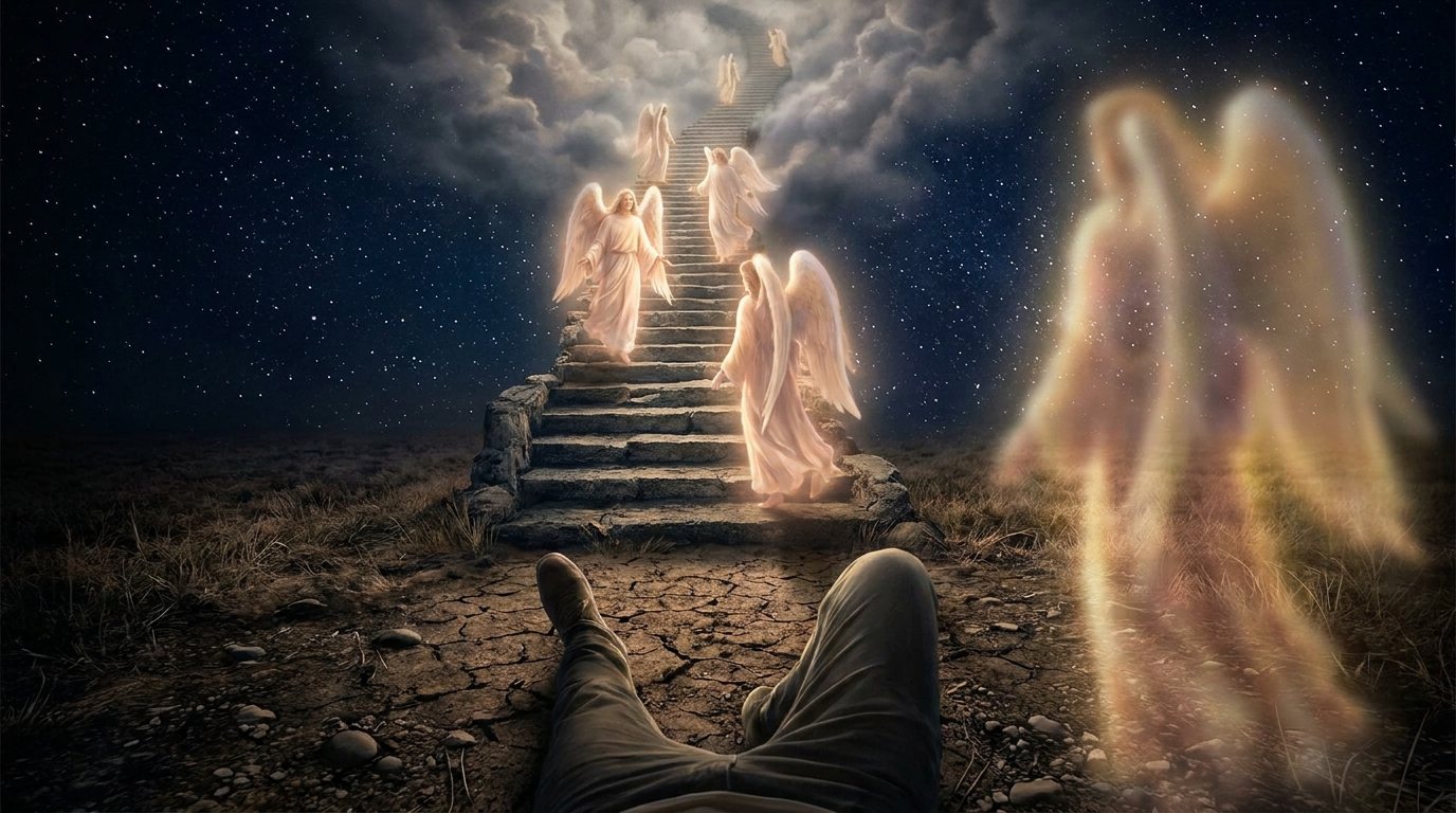 Through Jacob’s eyes: point of view, god beside. A figure of light at the edge of the frame, blurred like something half seen.