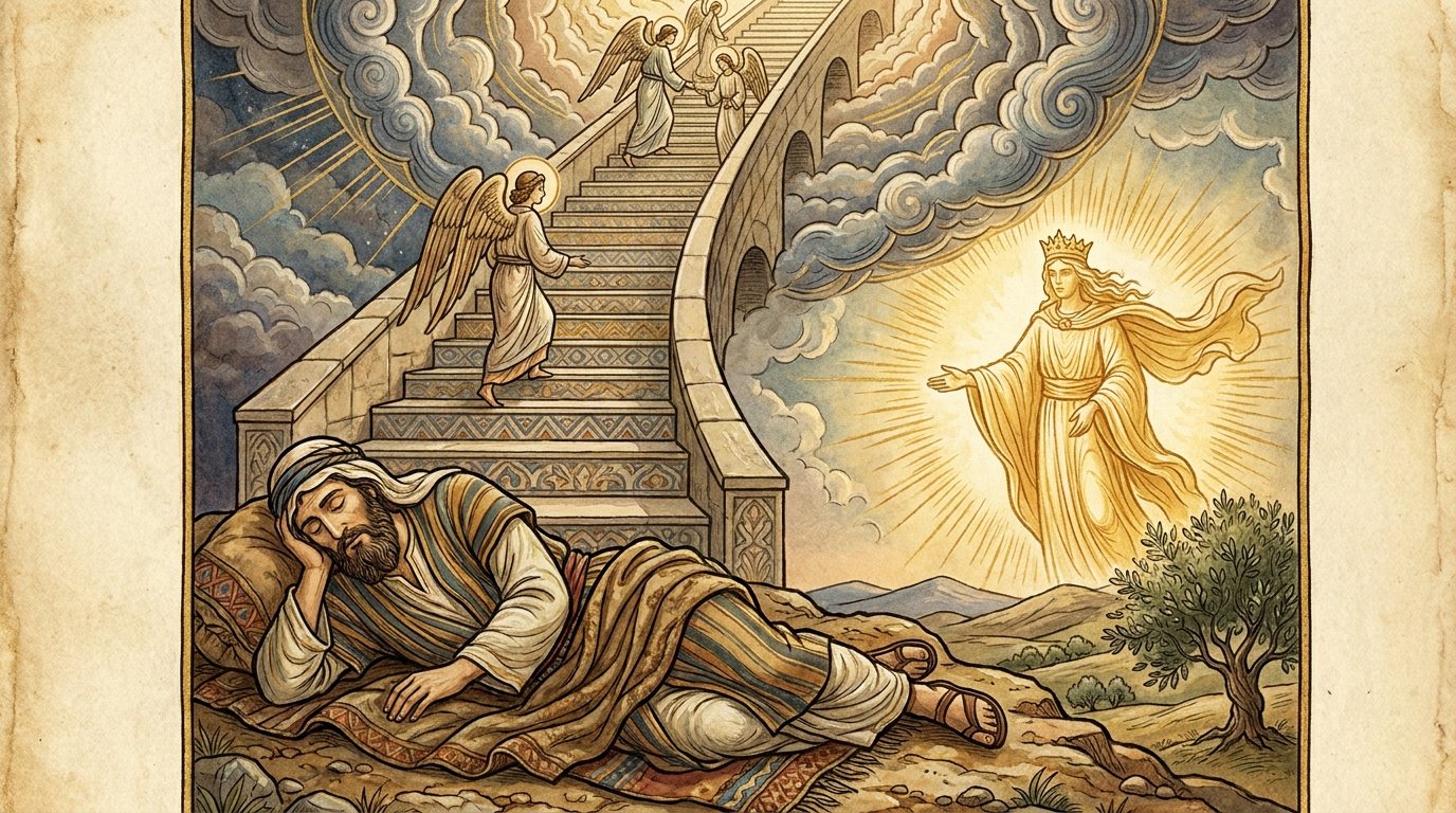 Reflect Jewish tradition: god as a crowned woman. God appears as a crowned woman in gold. Jacob wears a striped robe and a head wrap.