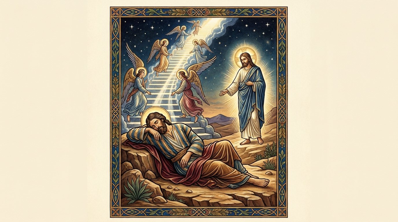 Reflect Jewish tradition: god as a man, halos. A small icon-style panel: a haloed, Jesus-like God, and a halo on Jacob as well.