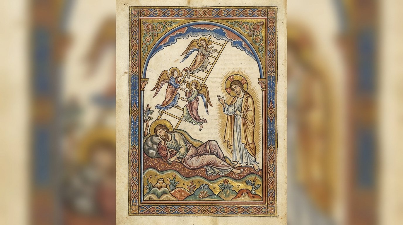 Medieval Hebrew manuscript: god as a man, halos. Gold leaf, halos, and a robed God beside Jacob. Came back as a narrow page padded with blur.