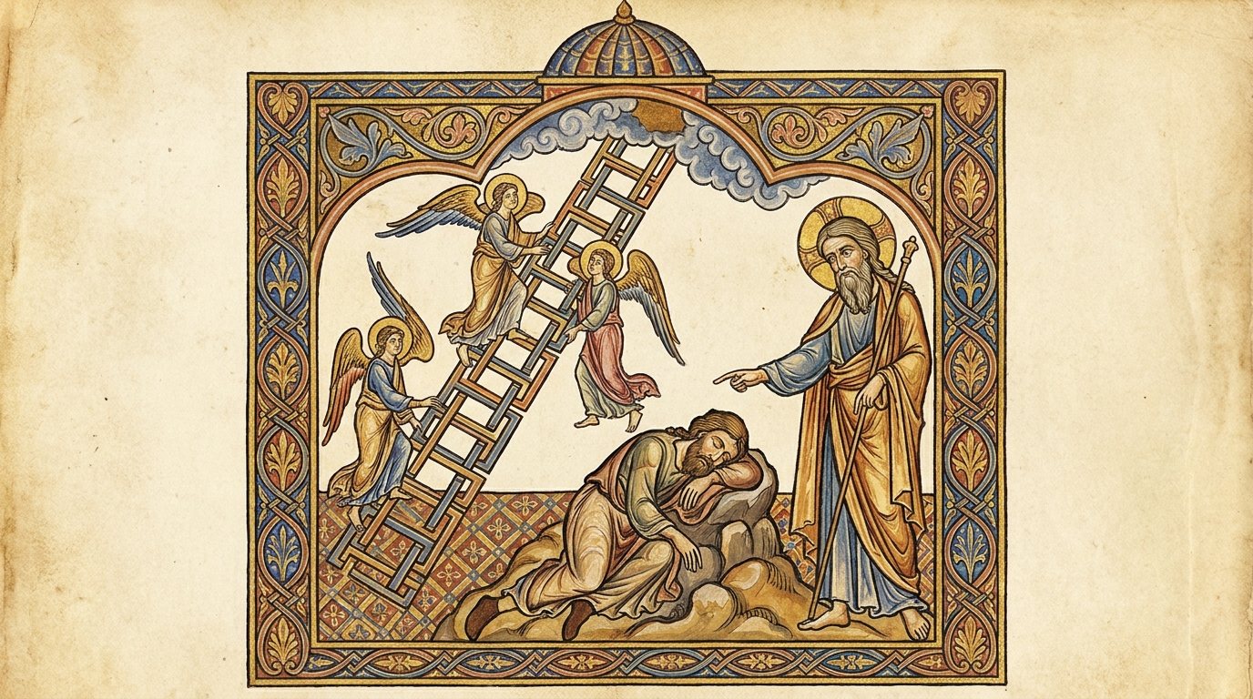 Medieval Hebrew manuscript: god as a man, halos. A bearded, haloed God points at the sleeper under a domed arch. Compare the real Sister Haggadah on the Real art tab.