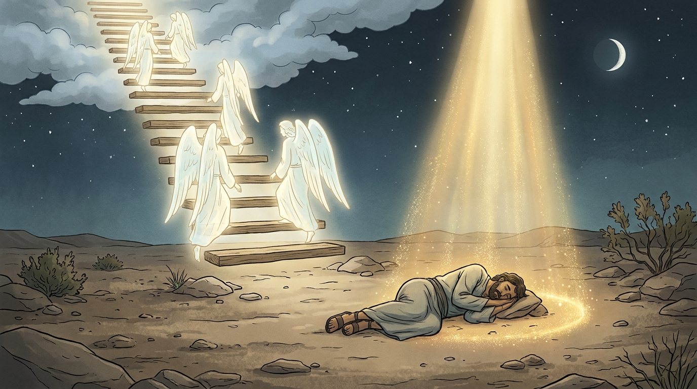 Do not depict God as a person: no figure, god as light. A beam of light falls beside the sleeper, ringed with sparks.