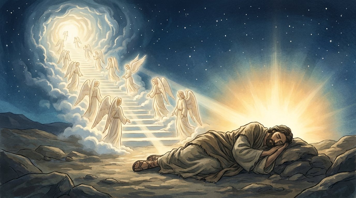 Do not depict God as a person: no figure, god as light. A burst of light on the horizon at Jacob’s side.