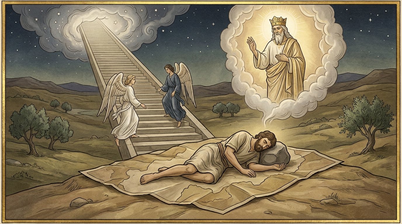 As Rashi interprets it: map under jacob, god as a king. Jacob sleeps on an unrolled map. Rashi on 28:13 says God rolled the whole Land of Israel up beneath him. God appears as a crowned king in a dream cloud.