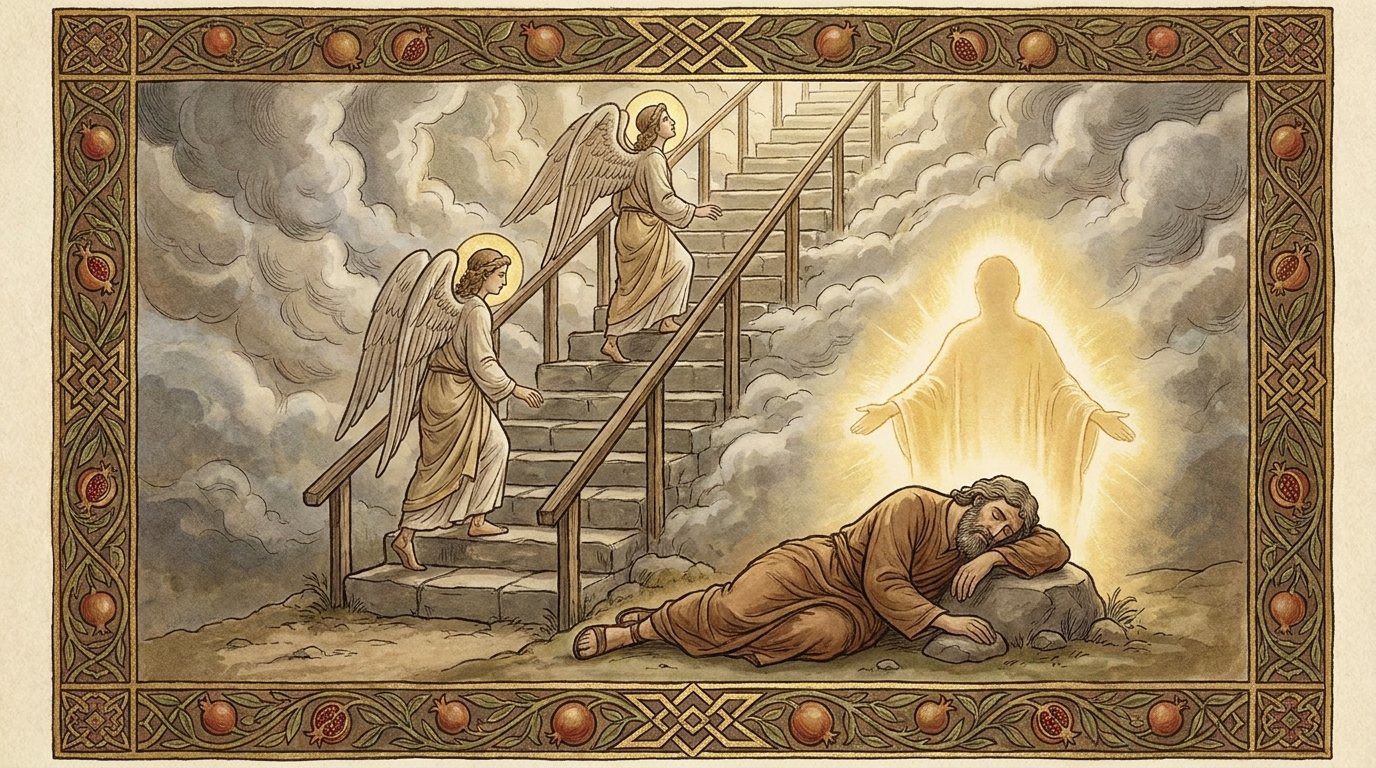 As Rashi interprets it: god as light. One angel climbs and one comes down. God is a faceless figure of light beside him.