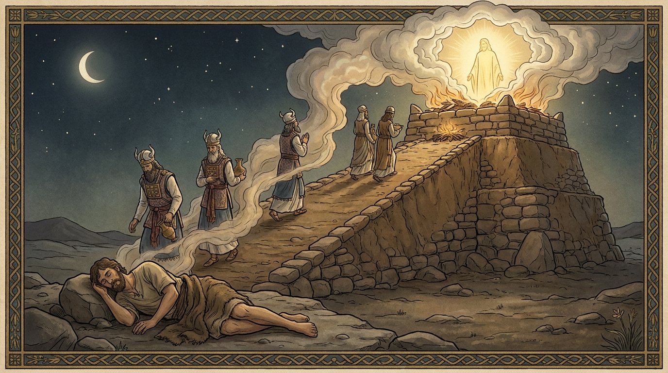 The ladder is the altar ramp: altar and ramp, god as a man. A stepped stone altar with a long ramp. The priests wear breastplates, and also horned helmets no Temple priest ever wore. God stands in the smoke above the altar.