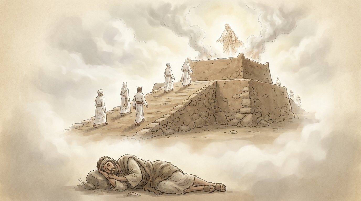 The ladder is the altar ramp: altar and ramp, god as a man. White-robed priests climb the ramp, and a figure stands on top of the altar, as in Amos 9:1.
