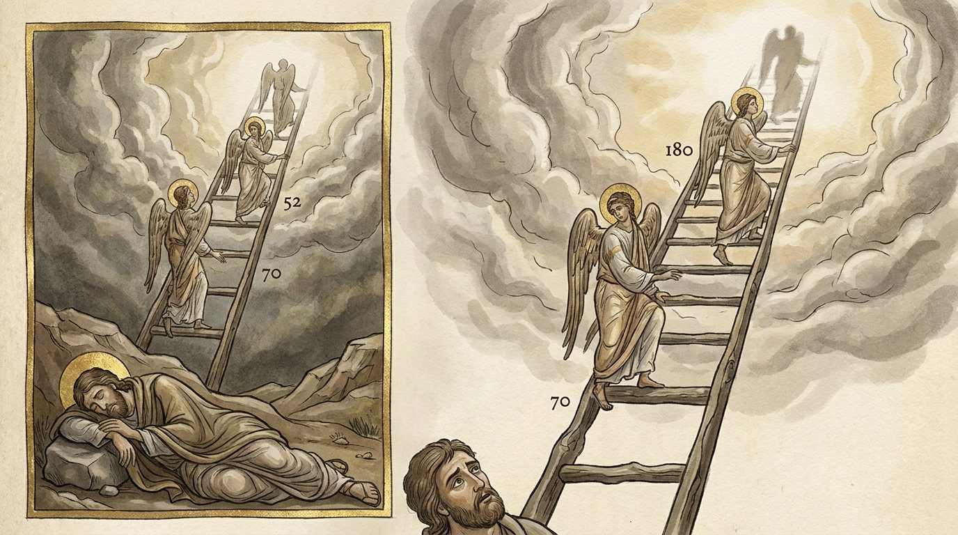 The guardian angels of four kingdoms: numbered rungs, frightened jacob. The rung counts are written on the ladder (70, 52, 180), and Jacob looks up in fear.