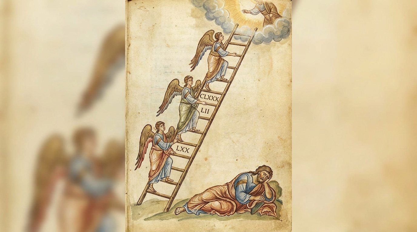 The guardian angels of four kingdoms: roman numerals. LXX, LII, and CLXXX mark the rungs, and a fourth angel disappears into the clouds. Came back as a narrow page padded with blur.