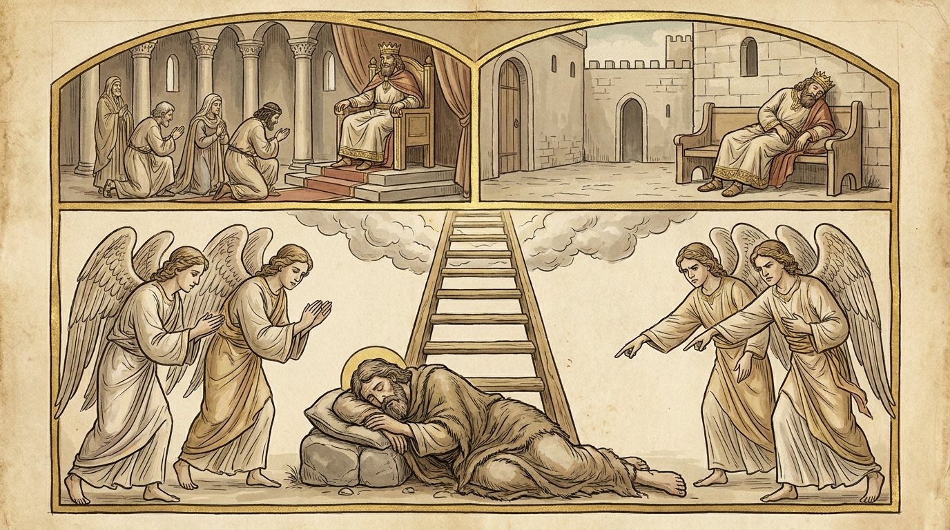 Angels comparing Jacob with his likeness: parable panel, praise and blame. Two registers: above, the parable’s king judging in his hall and asleep in his courtyard; below, angels praising on one side and pointing on the other.