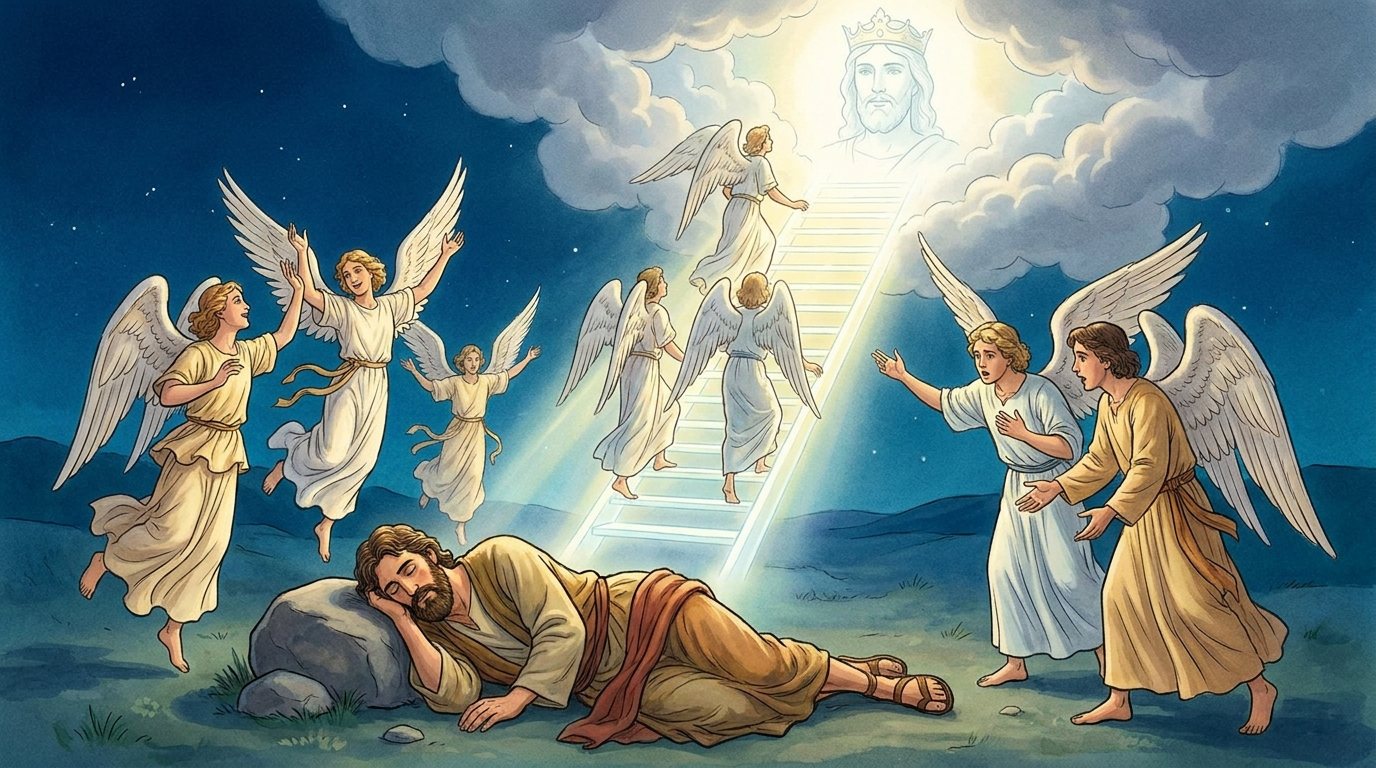 Angels comparing Jacob with his likeness: likeness on high. Angels dance and leap around Jacob. At the top, a crowned face in the clouds: the likeness on high.