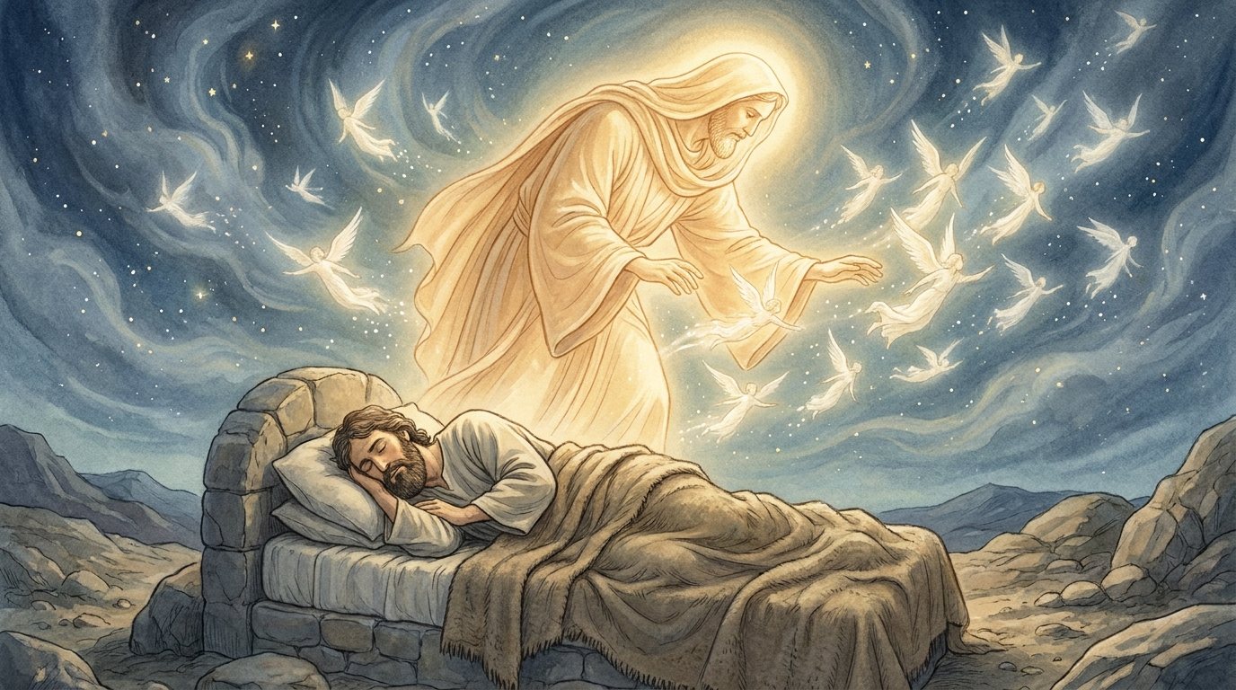 A nursemaid over a cradle: god as a caregiver. A hooded figure of light bends over Jacob in a stone bed as small winged figures scatter.