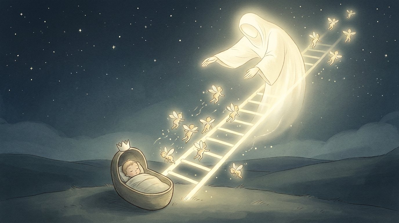 A nursemaid over a cradle: parable taken literally. A crowned baby in a cradle, a faceless veiled figure reaching down, and tiny winged flies fleeing down a ladder of light.