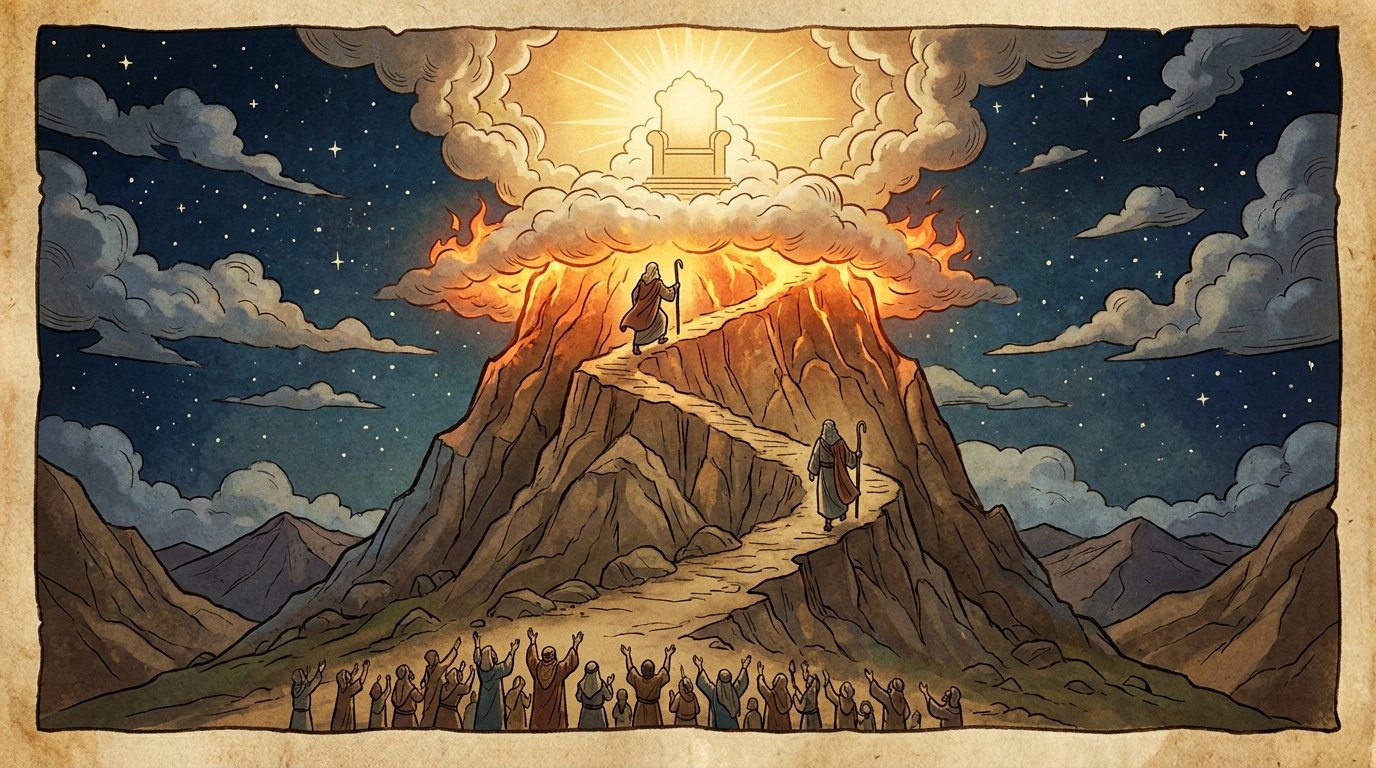 The ladder is Sinai: burning mountain, empty throne. Fire on the summit, two figures with staffs on the path, and the people waiting below. At the top, an empty throne in light. Jacob is gone.
