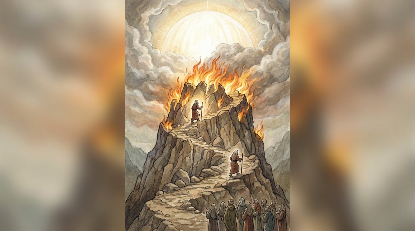 The ladder is Sinai: burning mountain, no figure. The same mountain under a sunburst, with no figure of God. Came back as a narrow page padded with blur.